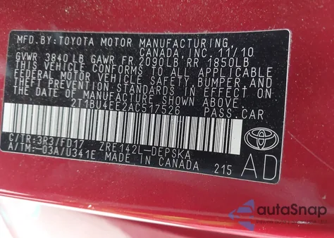 2010 Toyota Corolla S from USA, damaged, VIN 2T1BU4EE2AC517526